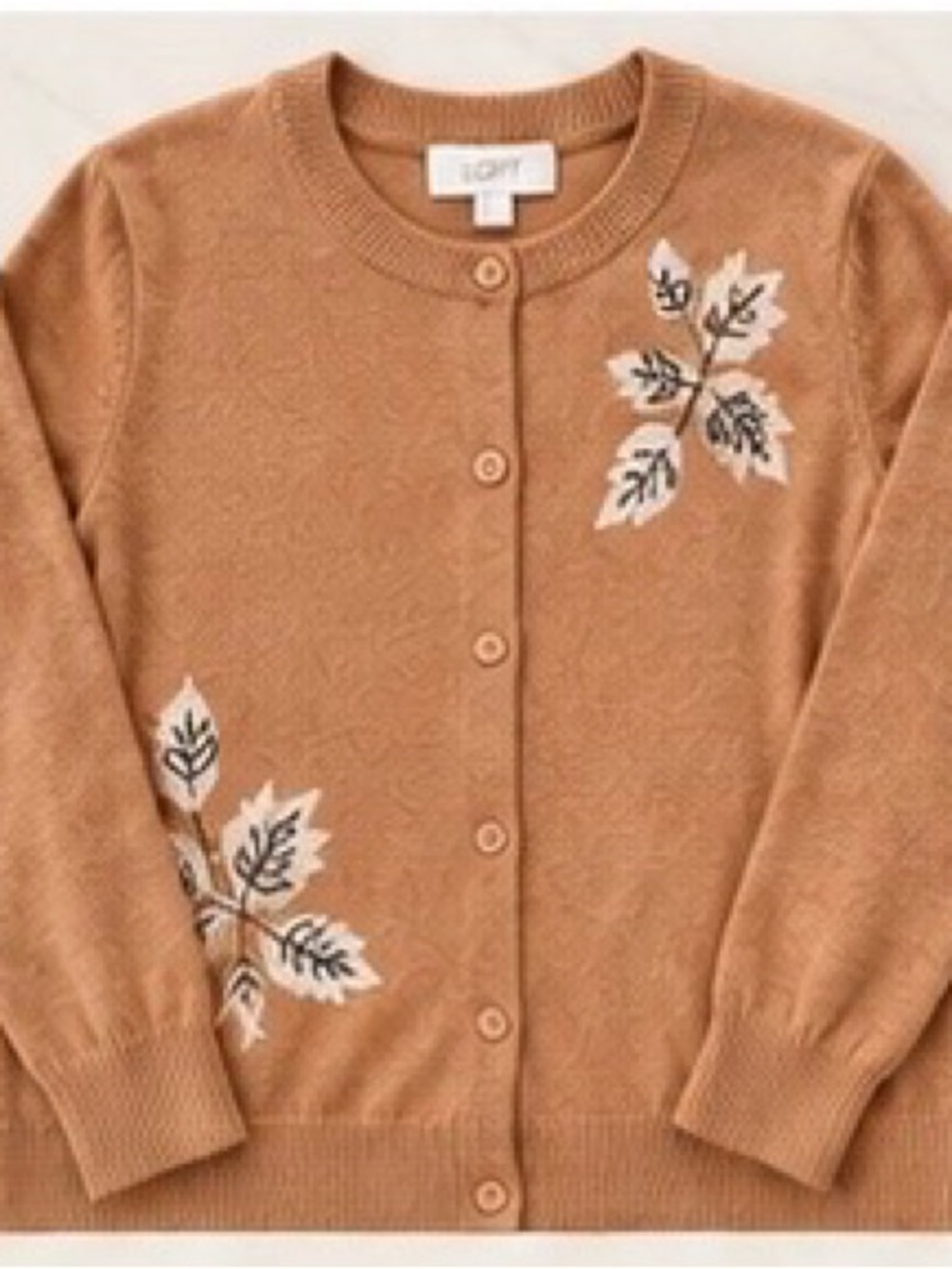 LOFT Camel/Tan Floral Appliqué Button-Front Cardigan